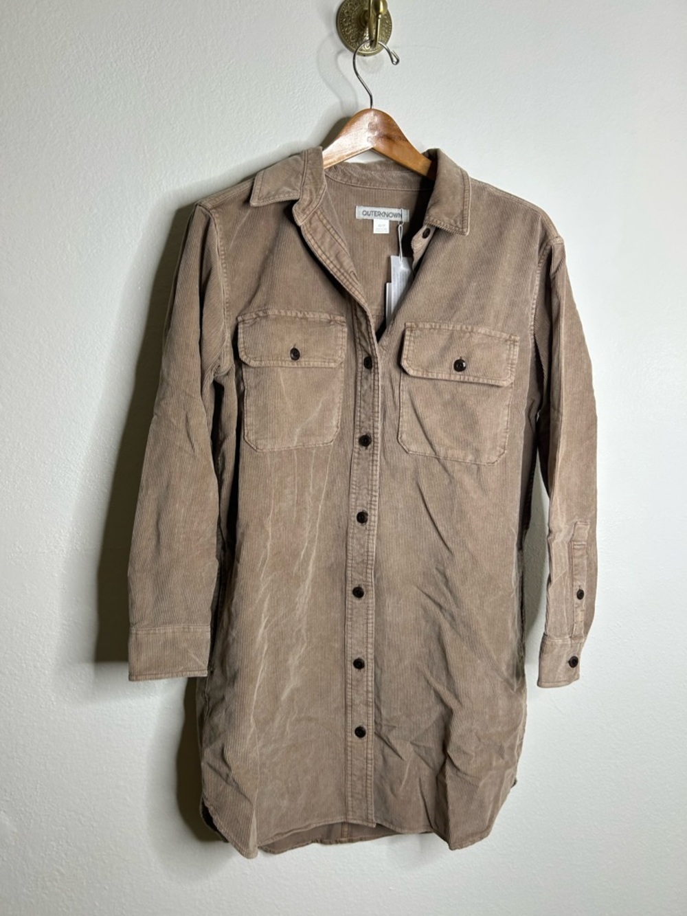 NWT Outerknown 100% Organic Cotton Tan Brown Corduroy Button Down Shirt Dress